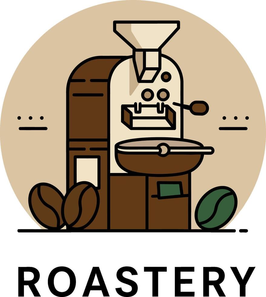 Coffee roastery logo design with roasting machine and coffee beans in brown tones vector