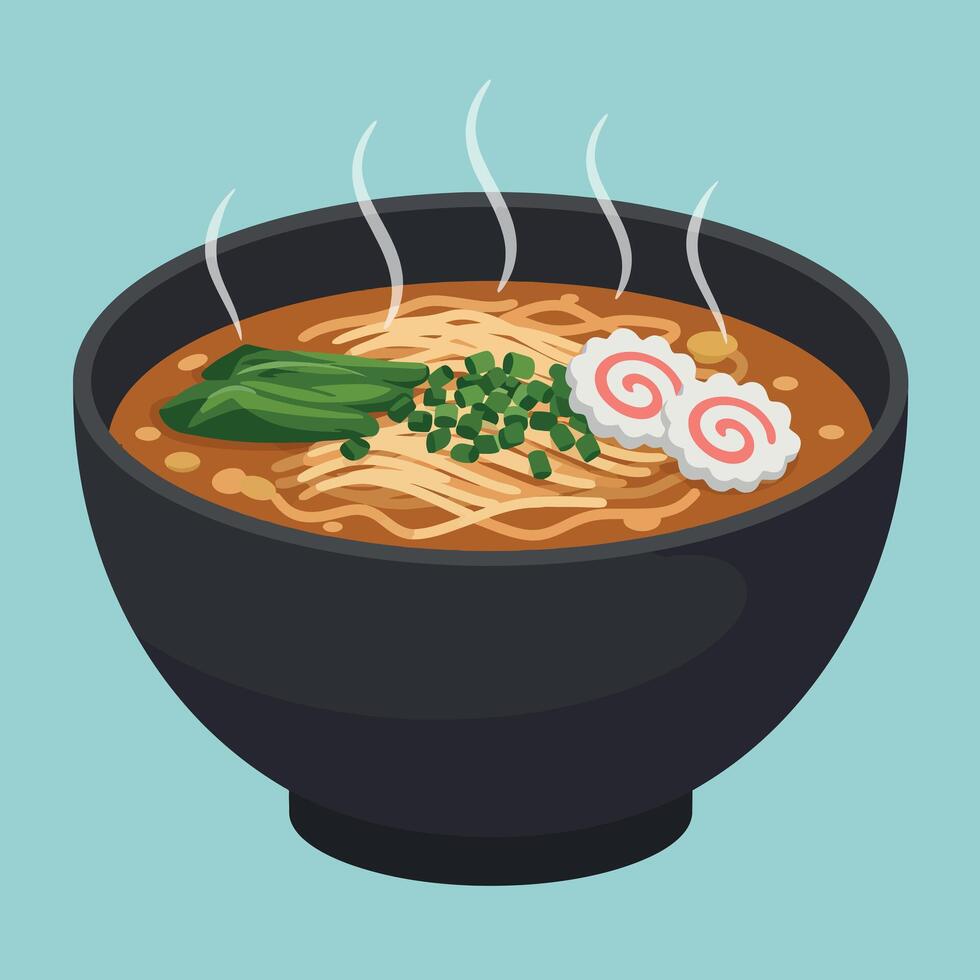 Steaming bowl of ramen noodles with vegetables and fish cake illustration vector