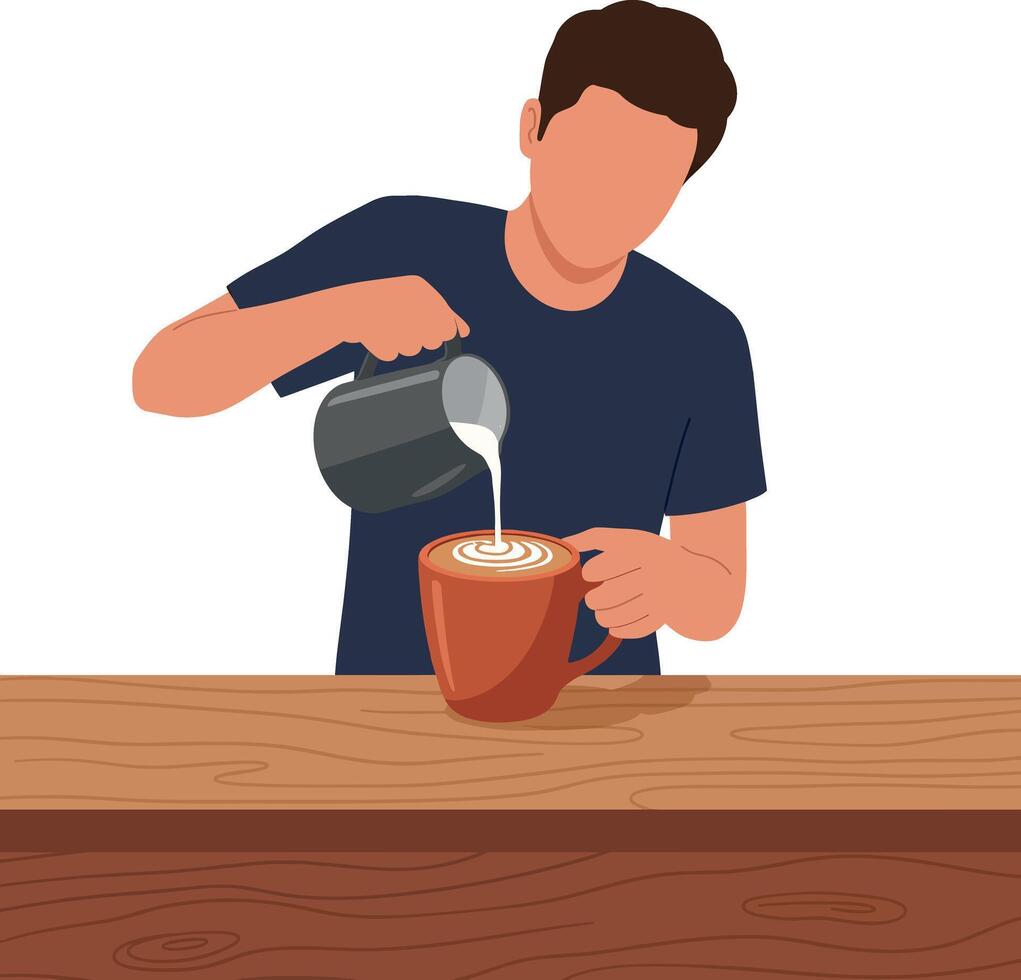 Man Pouring Milk into Coffee Cup Creating Latte Art Illustration vector