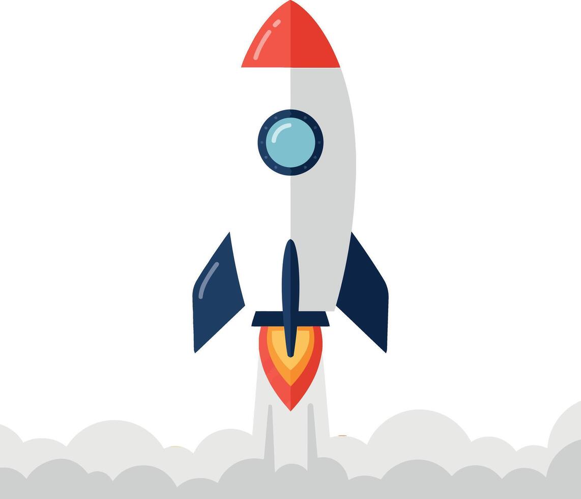 Rocket launching with red nose cone and blue fins illustration for space concept vector