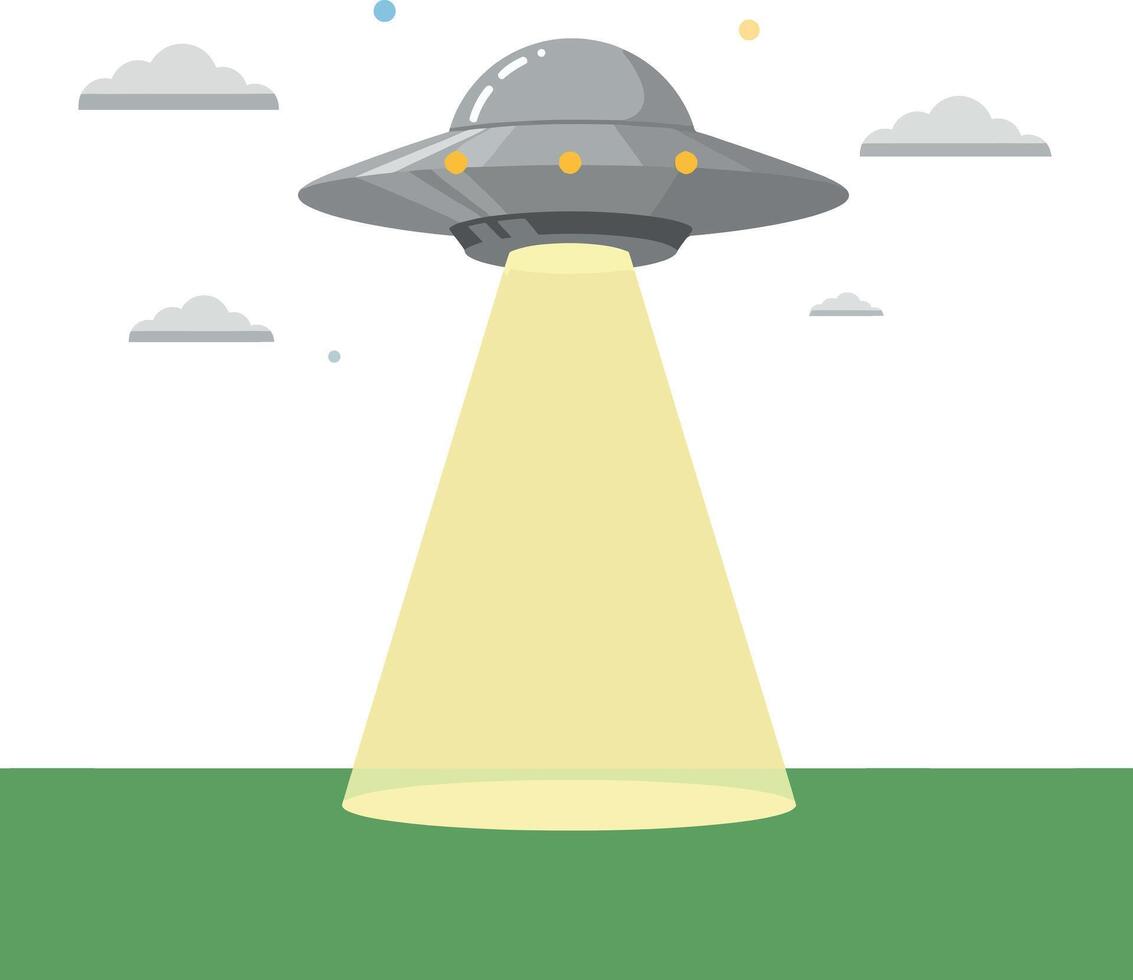 Flying saucer UFO with yellow spotlight beam over green field illustration vector
