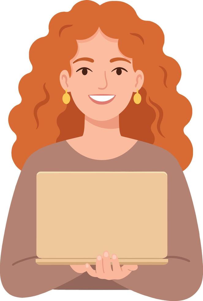 Woman with curly red hair holding laptop smiling friendly digital device usage illustration vector