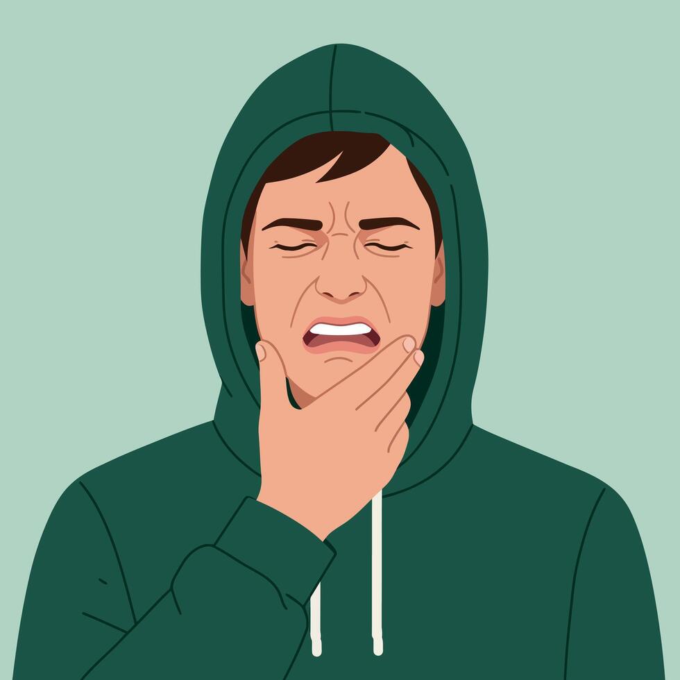 Young man in green hoodie holding chin with painful expression illustration vector