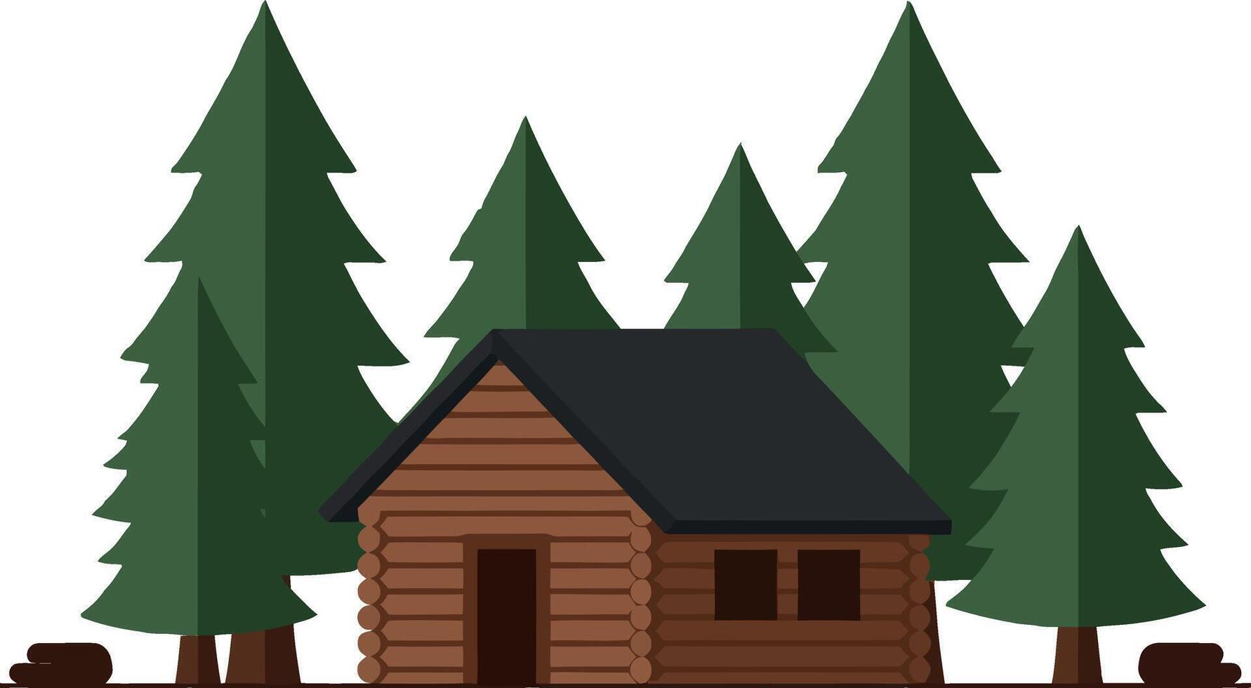 Wooden cabin surrounded by green pine trees illustration in simple style vector
