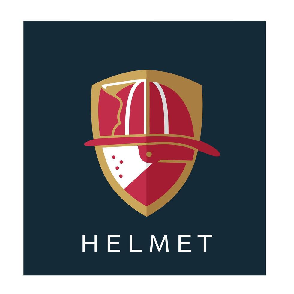 Firefighter helmet emblem logo design with shield and red gold colors illustration vector