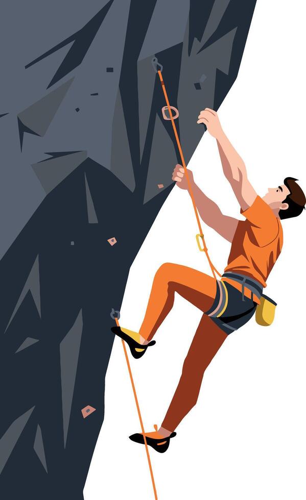 Rock climber ascending steep cliff in orange outfit using rope and harness illustration vector