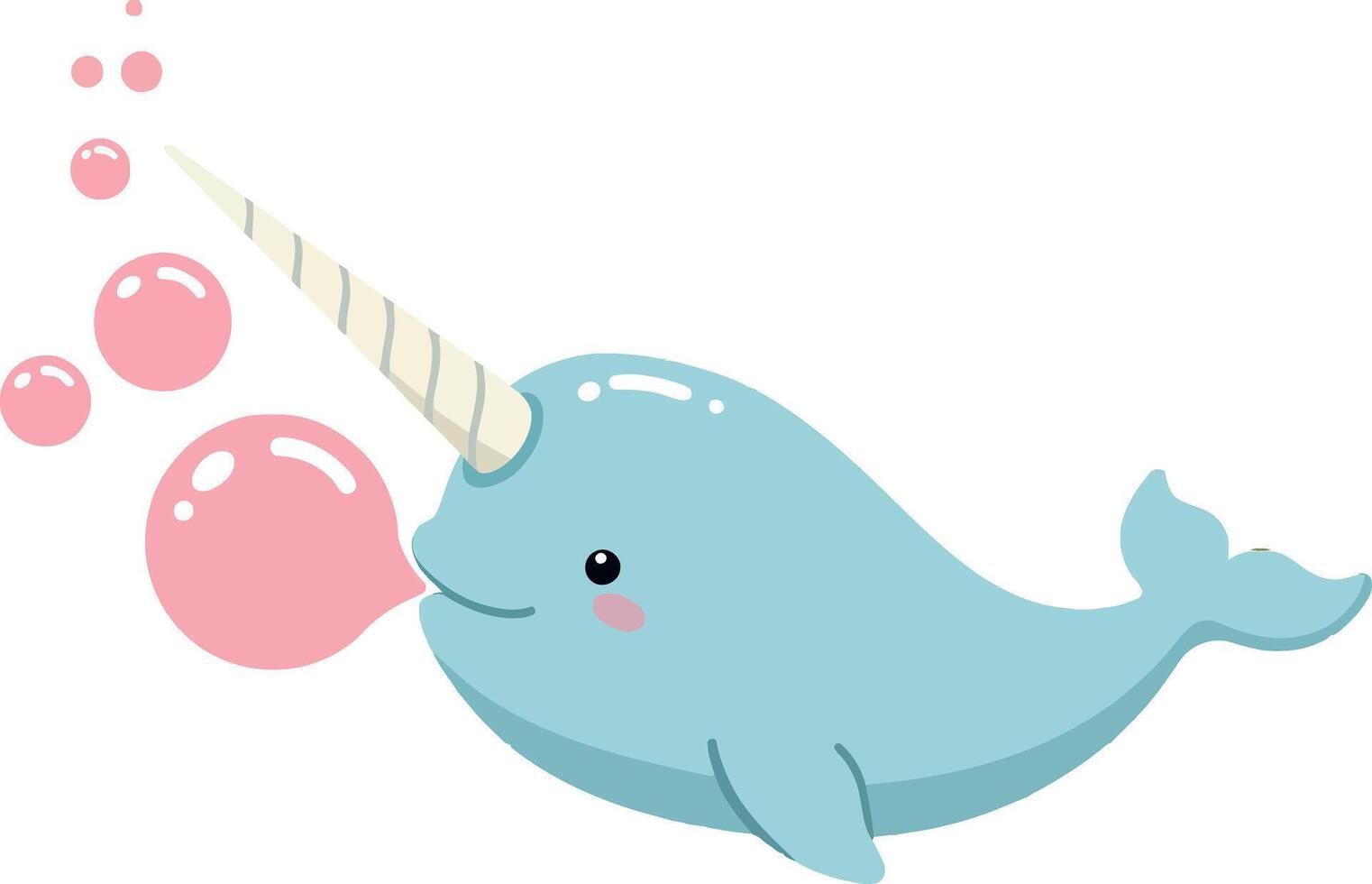 Cute blue narwhal blowing pink bubbles underwater cartoon illustration vector