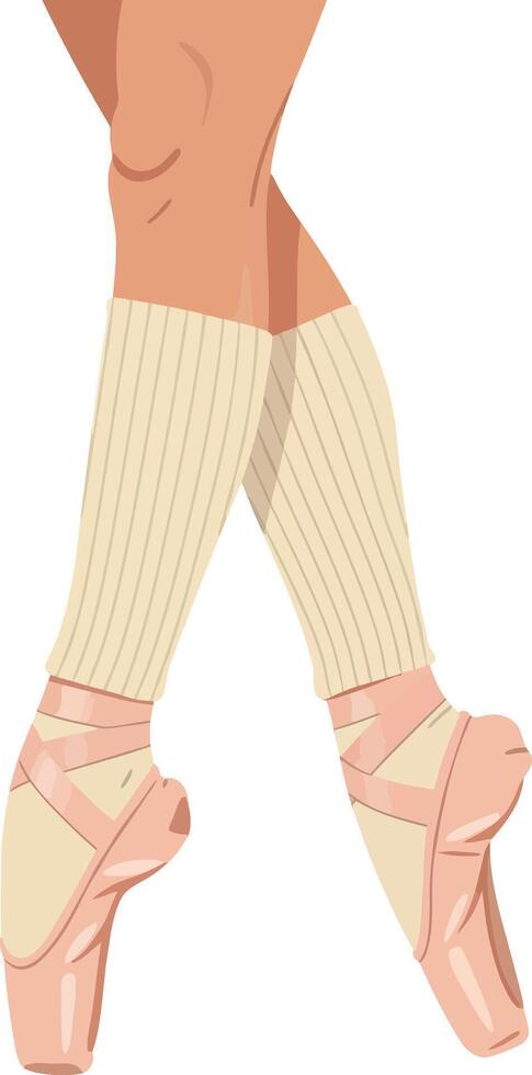 Ballet dancer legs in pink pointe shoes and beige leg warmers illustration vector