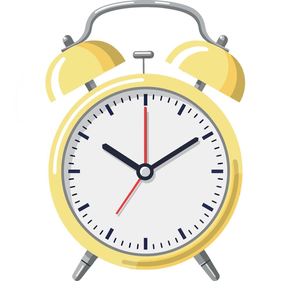 Yellow retro alarm clock illustration with white face and metal bells vector