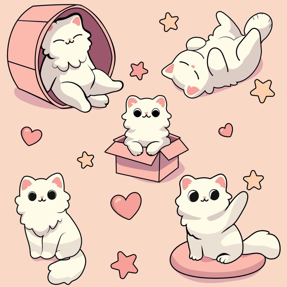 Kawaii white cat in different poses. vector