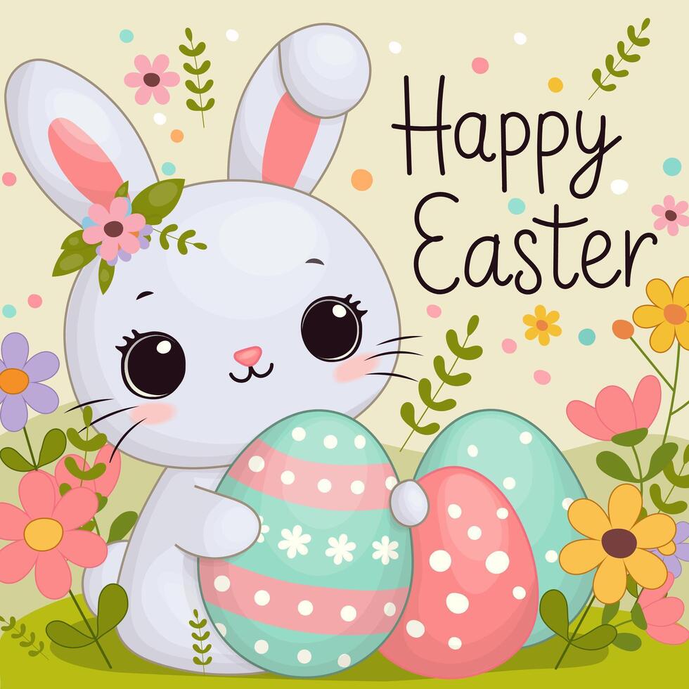 Cute easter bunny with colorful eggs and spring flowers vector