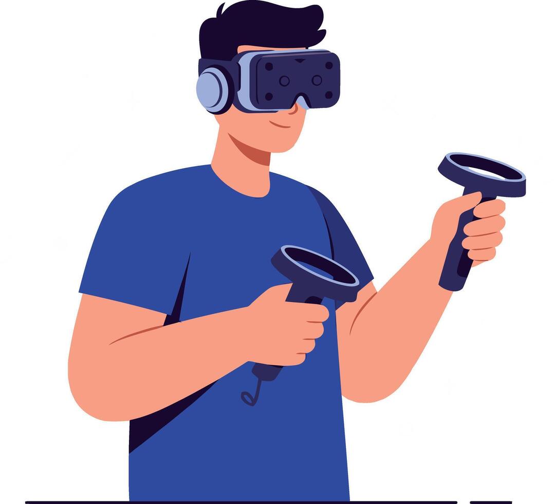 Man using virtual reality headset and controllers in immersive gaming experience illustration vector