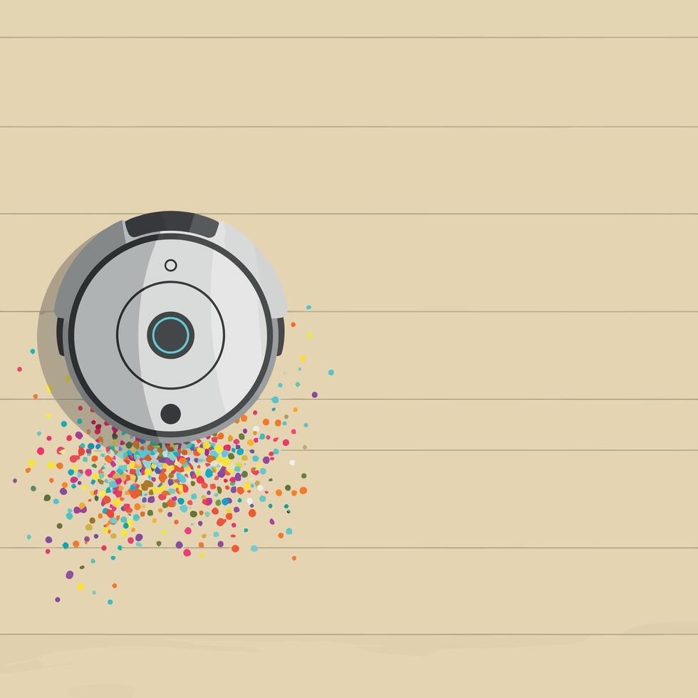 Robot vacuum cleaner with multicolored confetti on wooden floor illustration vector