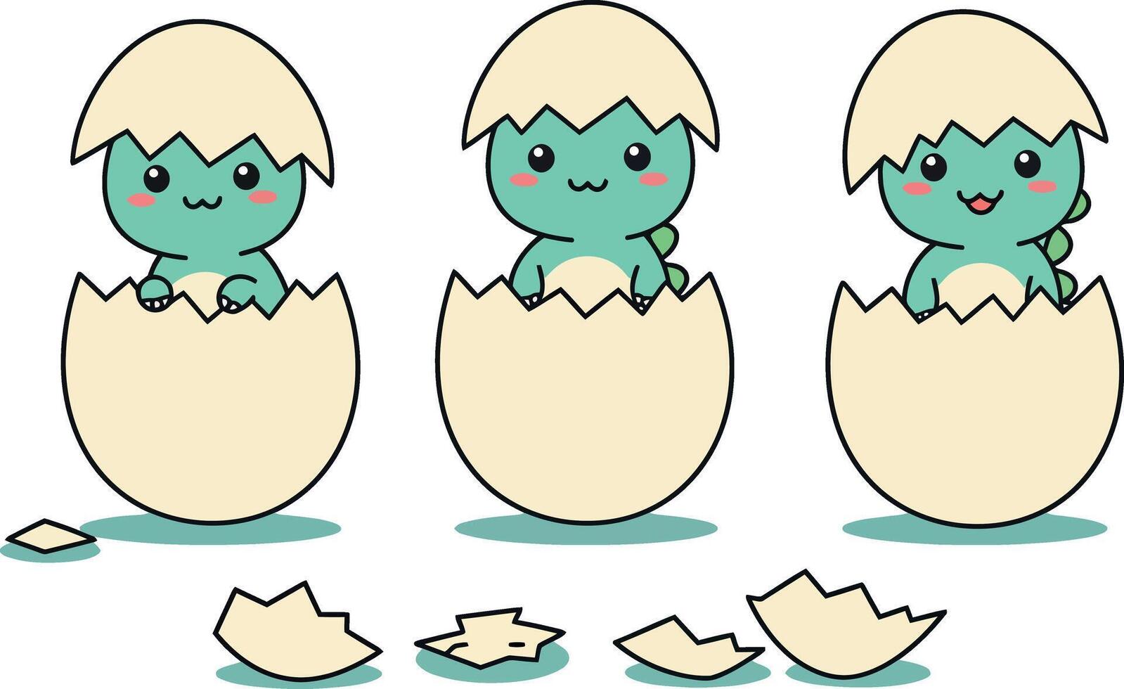 Cute baby dinosaur hatching from eggs in three stages illustration vector