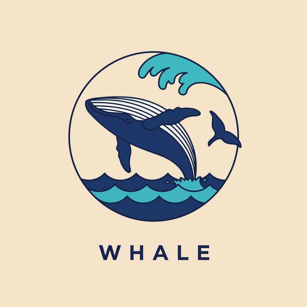 Whale logo design with ocean waves and splash in blue and navy colors illustration vector
