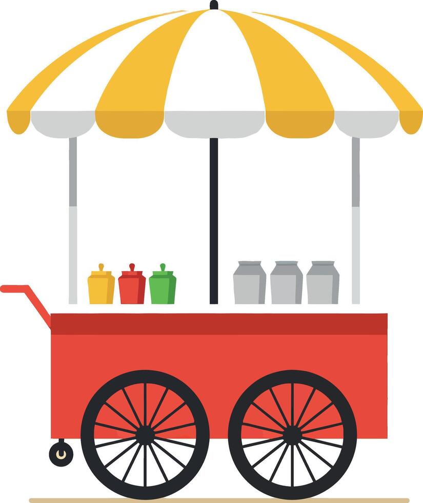 Street Food Cart with Yellow and White Umbrella and Condiments Illustration vector