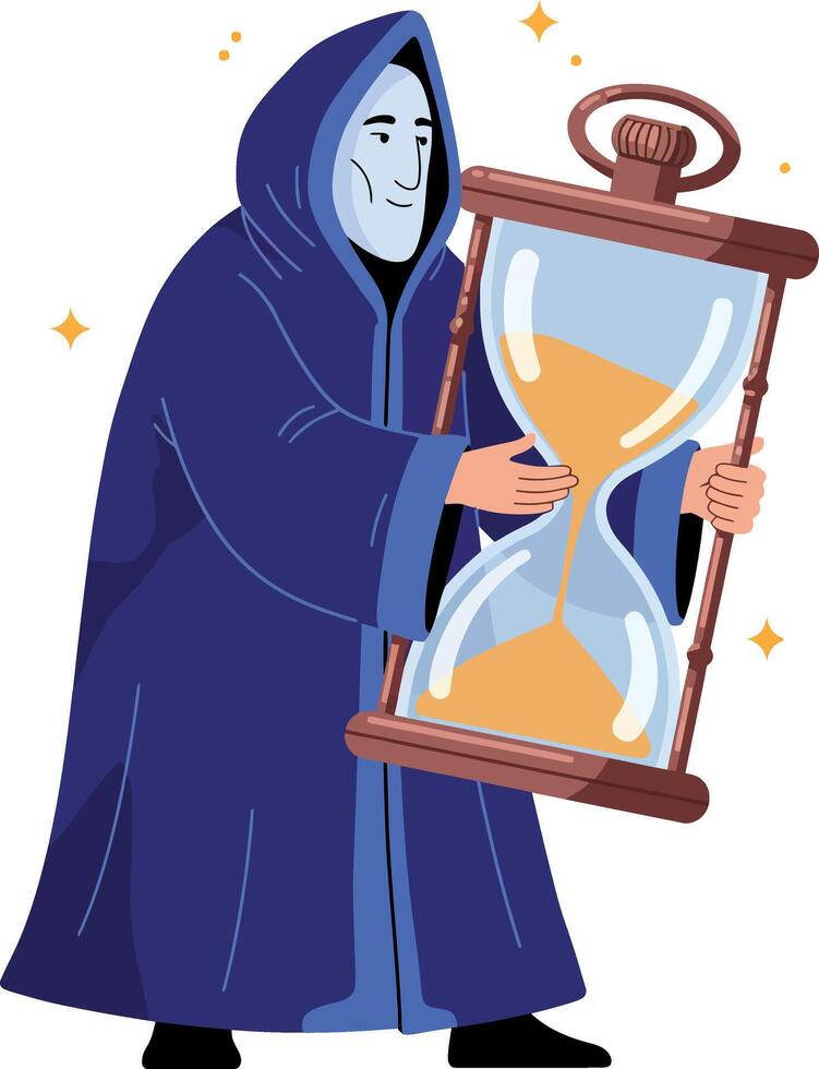 Grim Reaper Holding Large Hourglass Illustration in Blue Cloak with Sand Timer vector