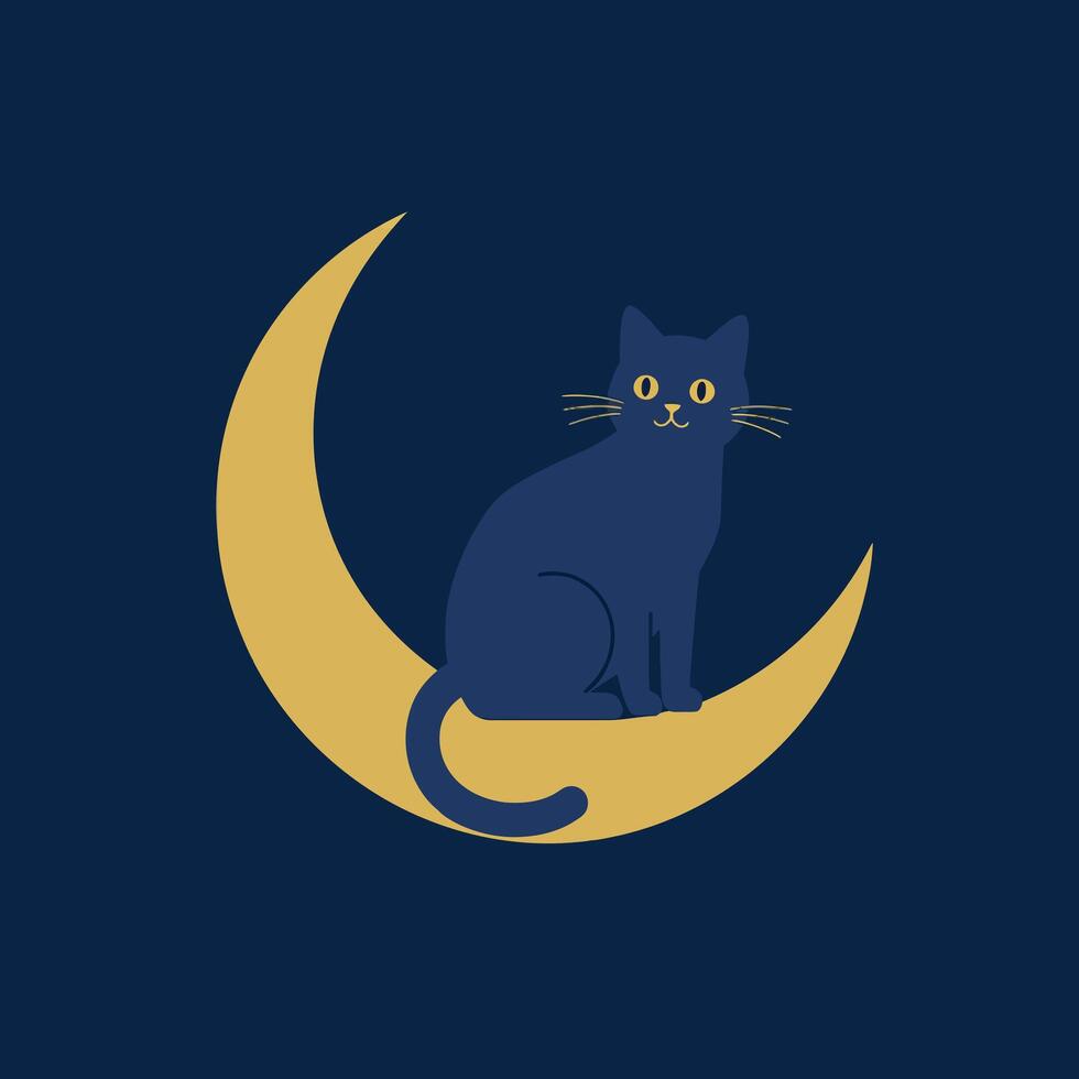 Black cat sitting on crescent moon illustration with yellow and dark blue colors vector