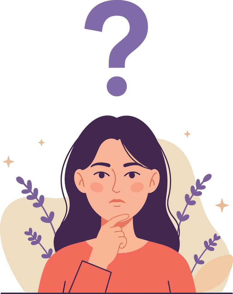 Woman thinking with question mark and lavender plants illustration vector