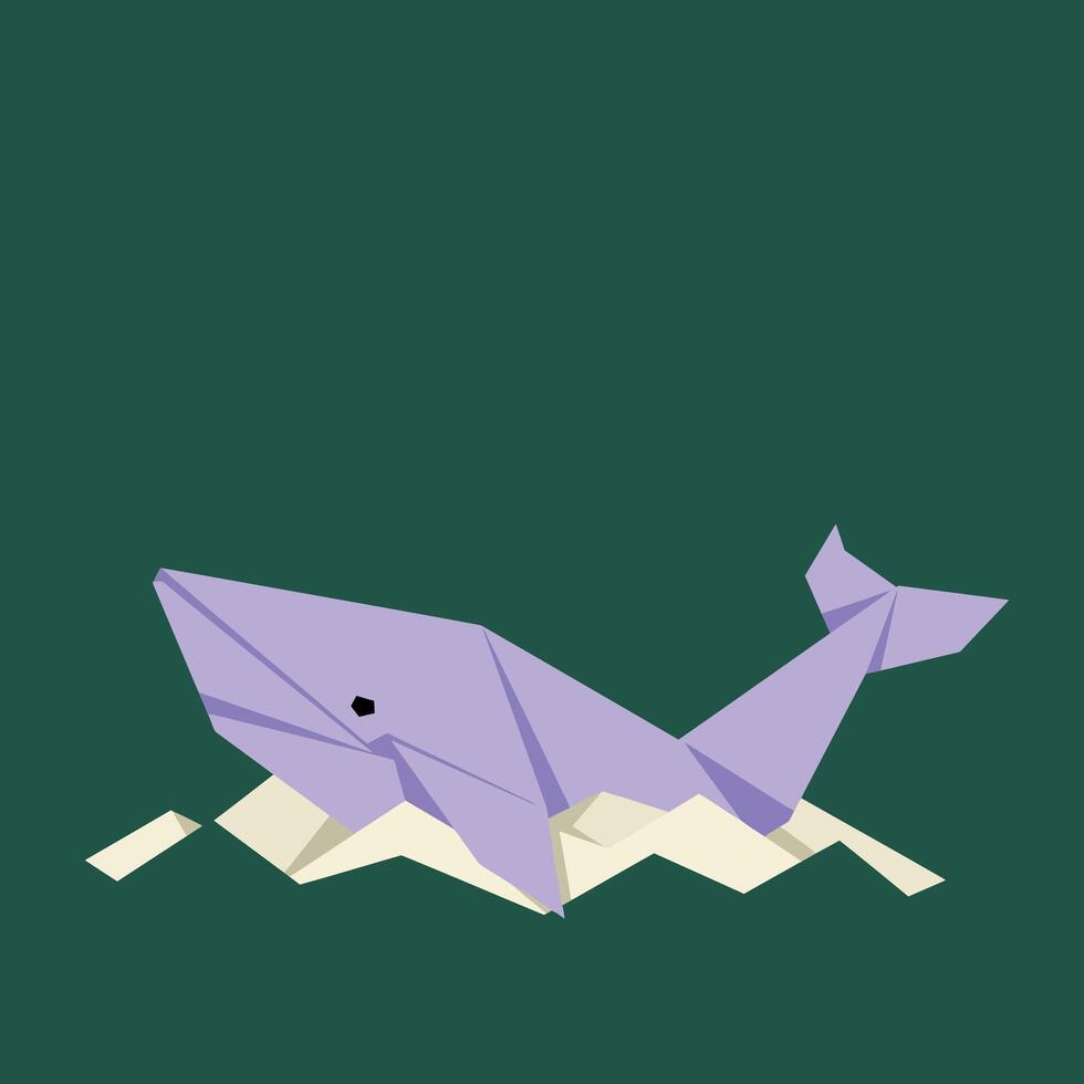 Origami Whale Illustration with Purple and Cream Colors on Dark Green Background vector