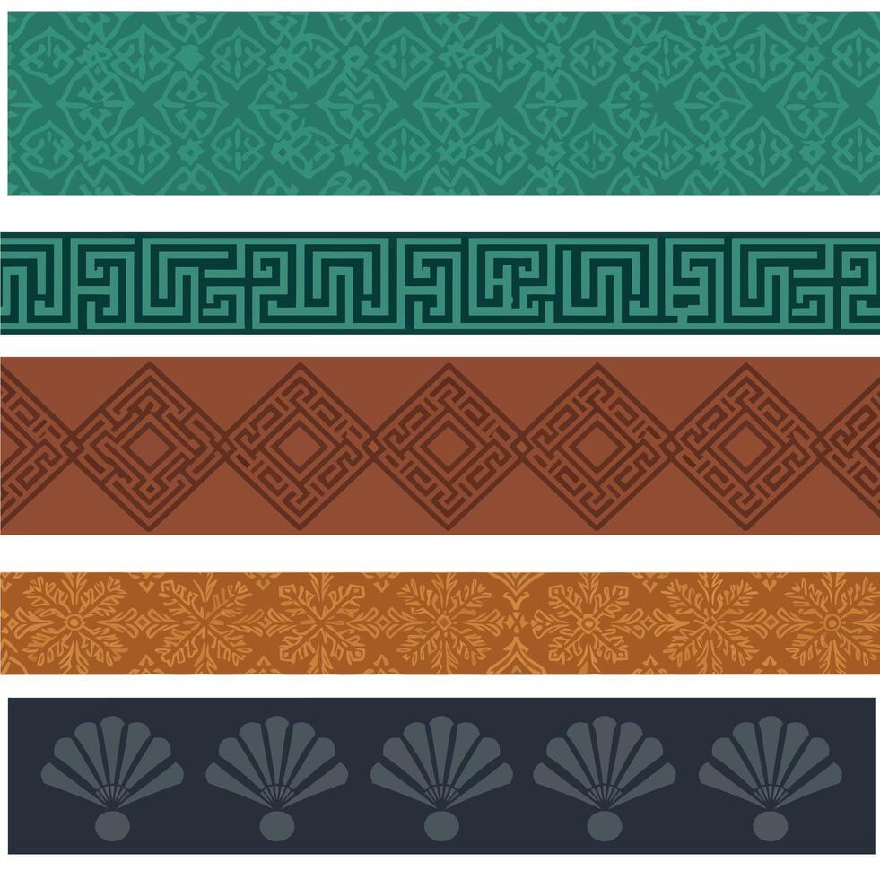 Decorative ornamental borders with geometric and floral patterns in earthy and teal colors illustration vector