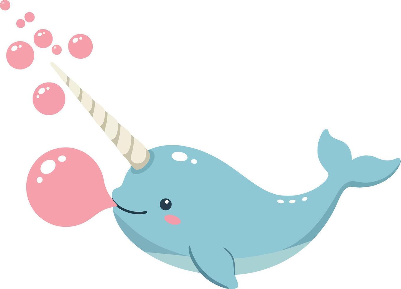 Cute blue narwhal blowing pink bubbles underwater fantasy sea animal illustration vector