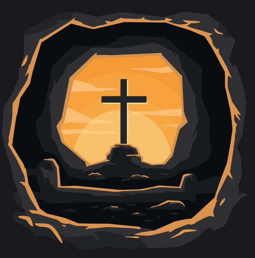 Cross silhouette inside cave entrance with glowing orange sunset illustration vector