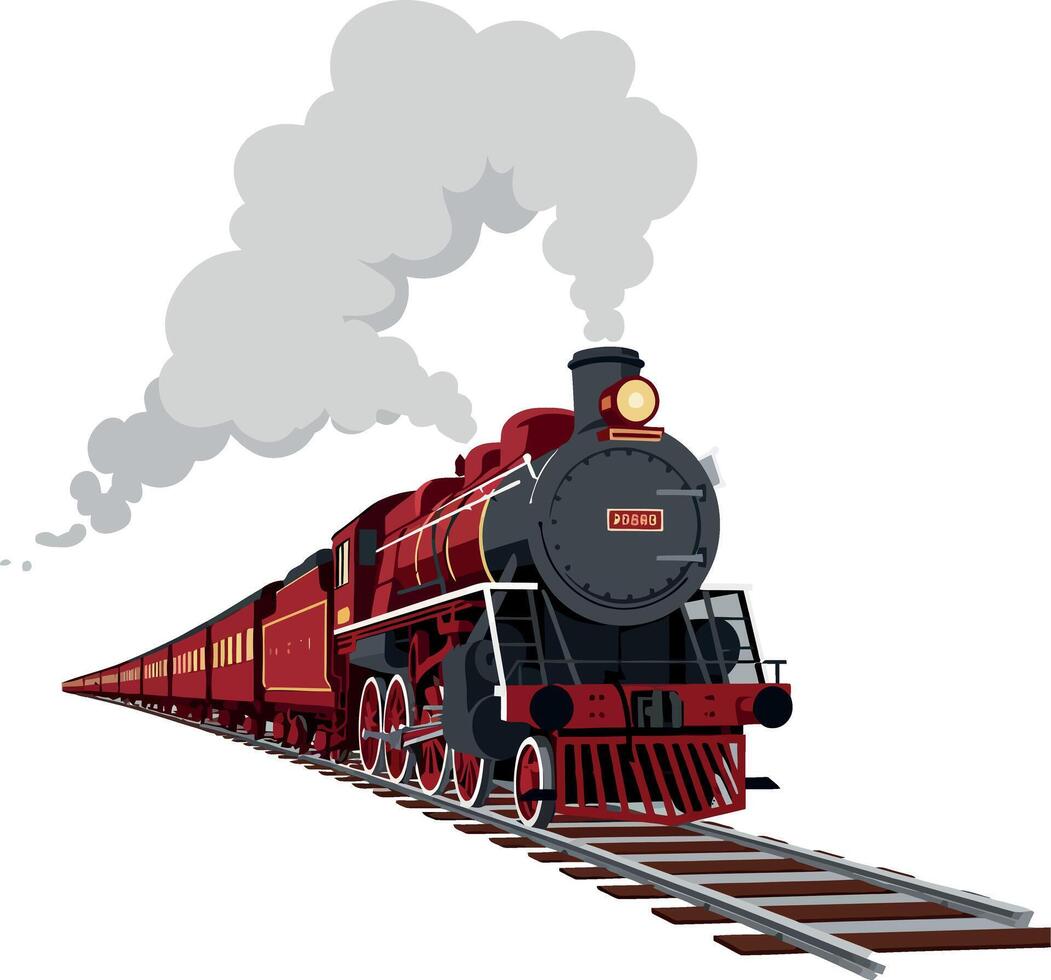 Vintage red steam locomotive train moving forward on railway tracks illustration vector
