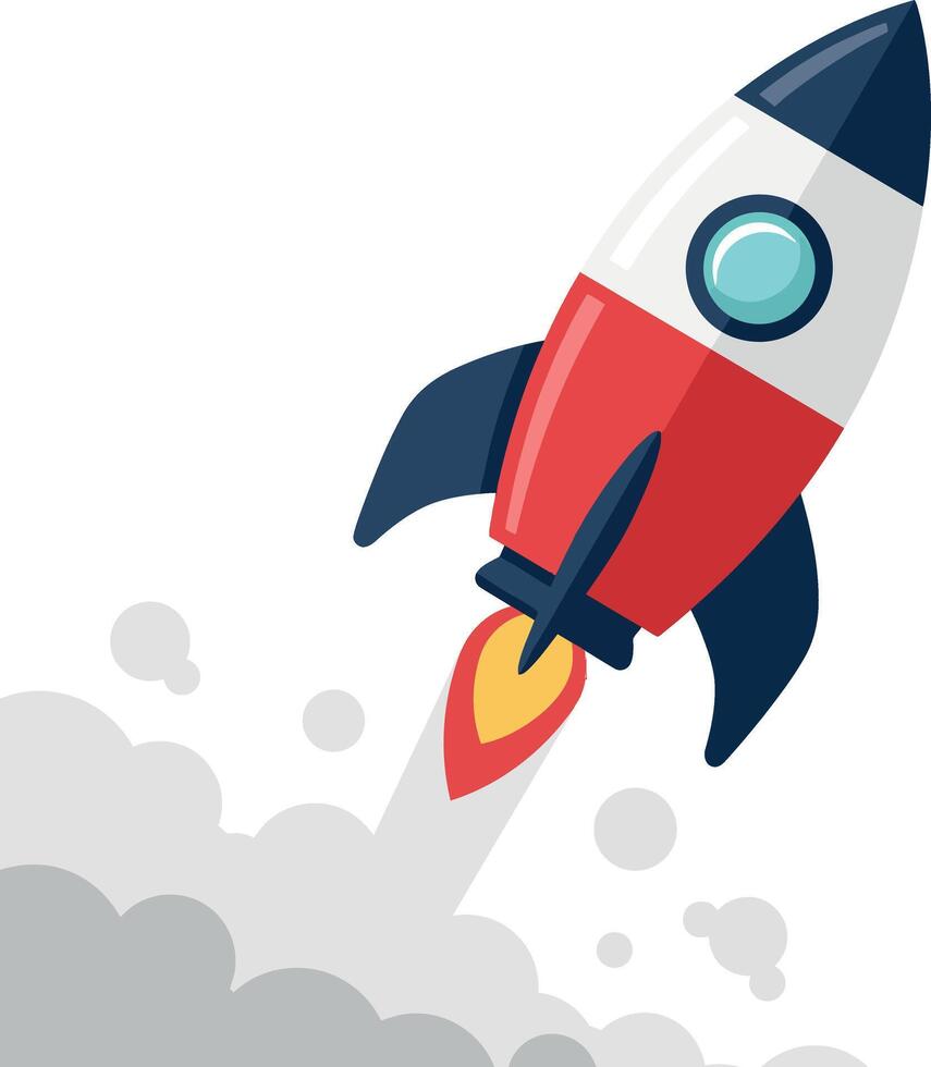 Red and blue rocket launching with smoke illustration in flat style vector