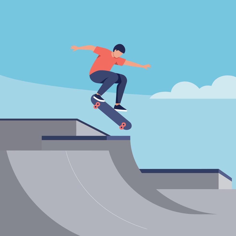 Skateboarder performing trick at skate park with blue sky background illustration vector