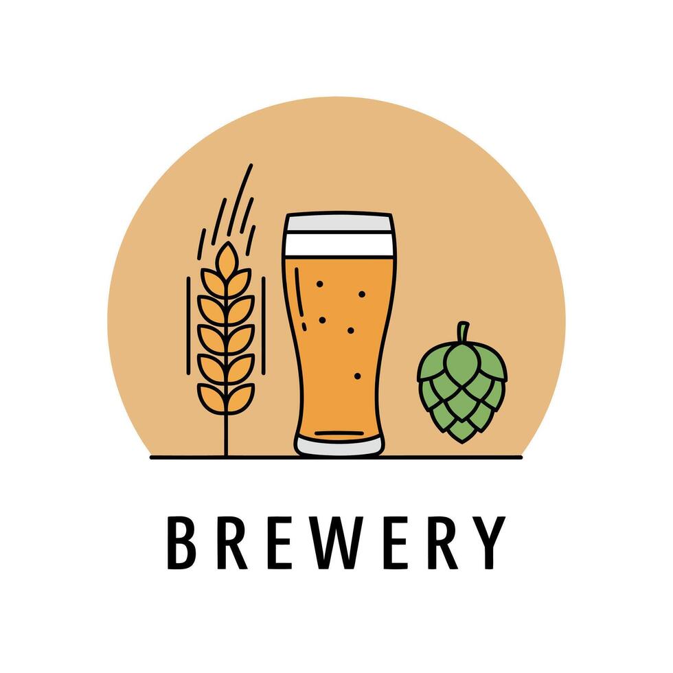 Brewery logo design with glass of beer wheat and hop illustration simple style vector
