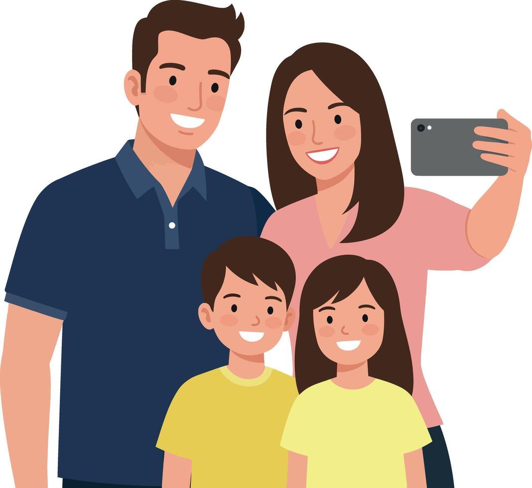 Happy family taking selfie with smartphone smiling together in casual clothes illustration vector