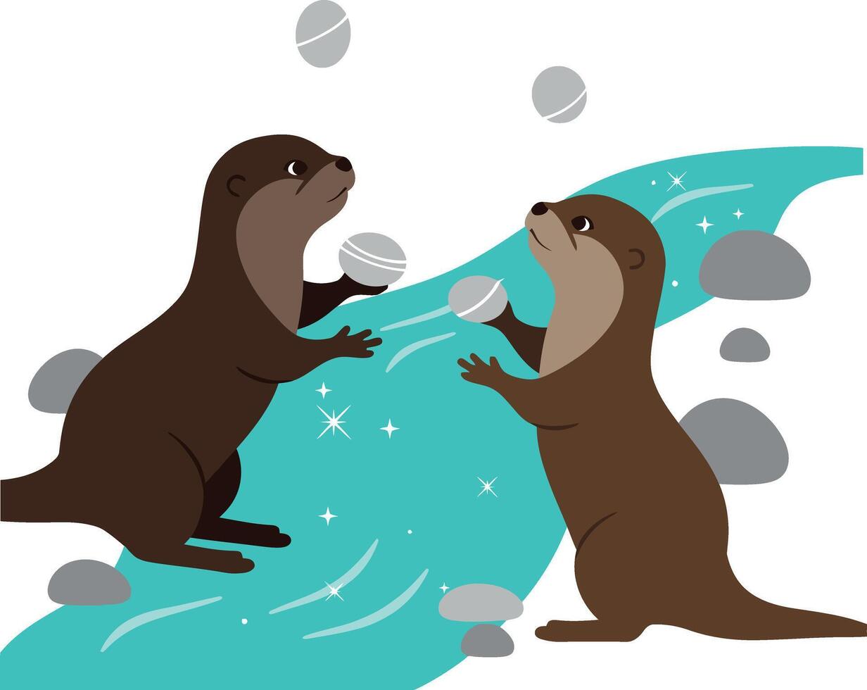 Otters Playing by Blue Water Stream with Gray Rocks Natural Wildlife Scene vector