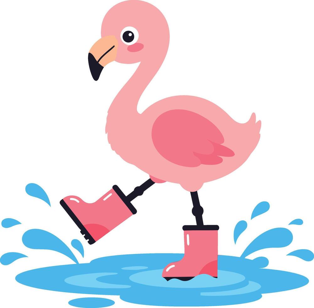 Pink flamingo splashing water wearing red rain boots playful animal illustration vector