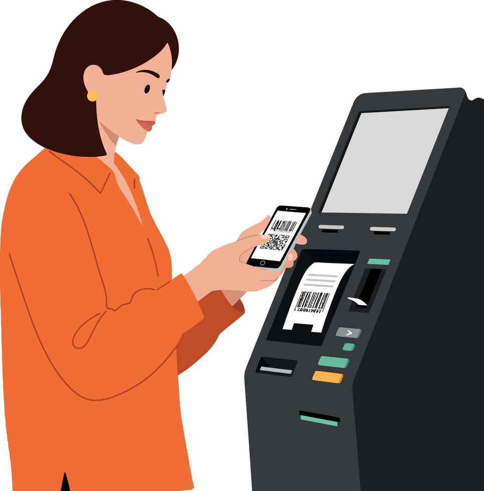 Woman Using Mobile Phone for ATM Transaction in Orange Jacket Illustration vector