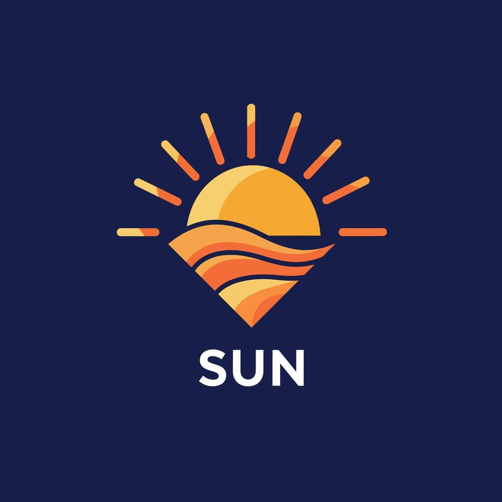 Sun logo design with orange waves and rays on dark blue background illustration vector