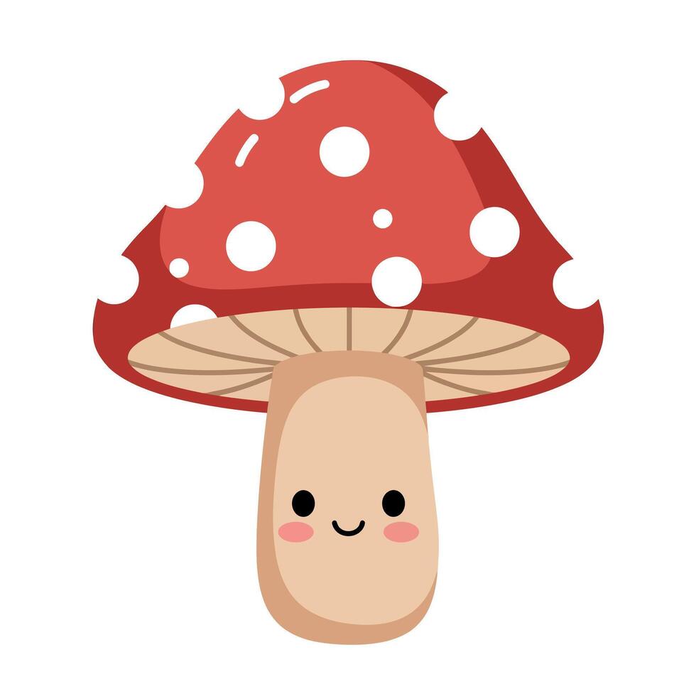 Red spotted mushroom with smiling face cute cartoon illustration vector