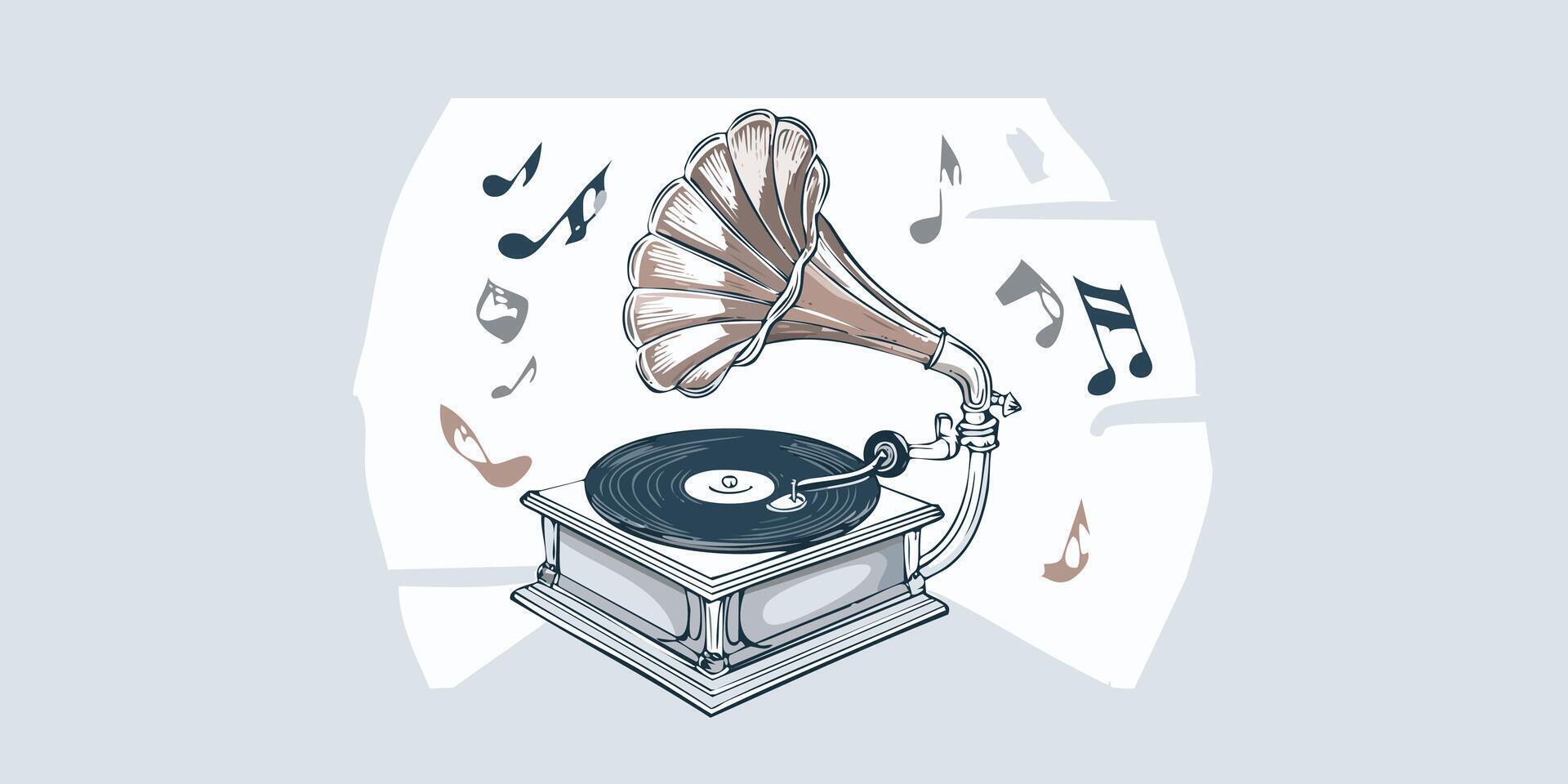 An illustration of a gramophone with music notes vector