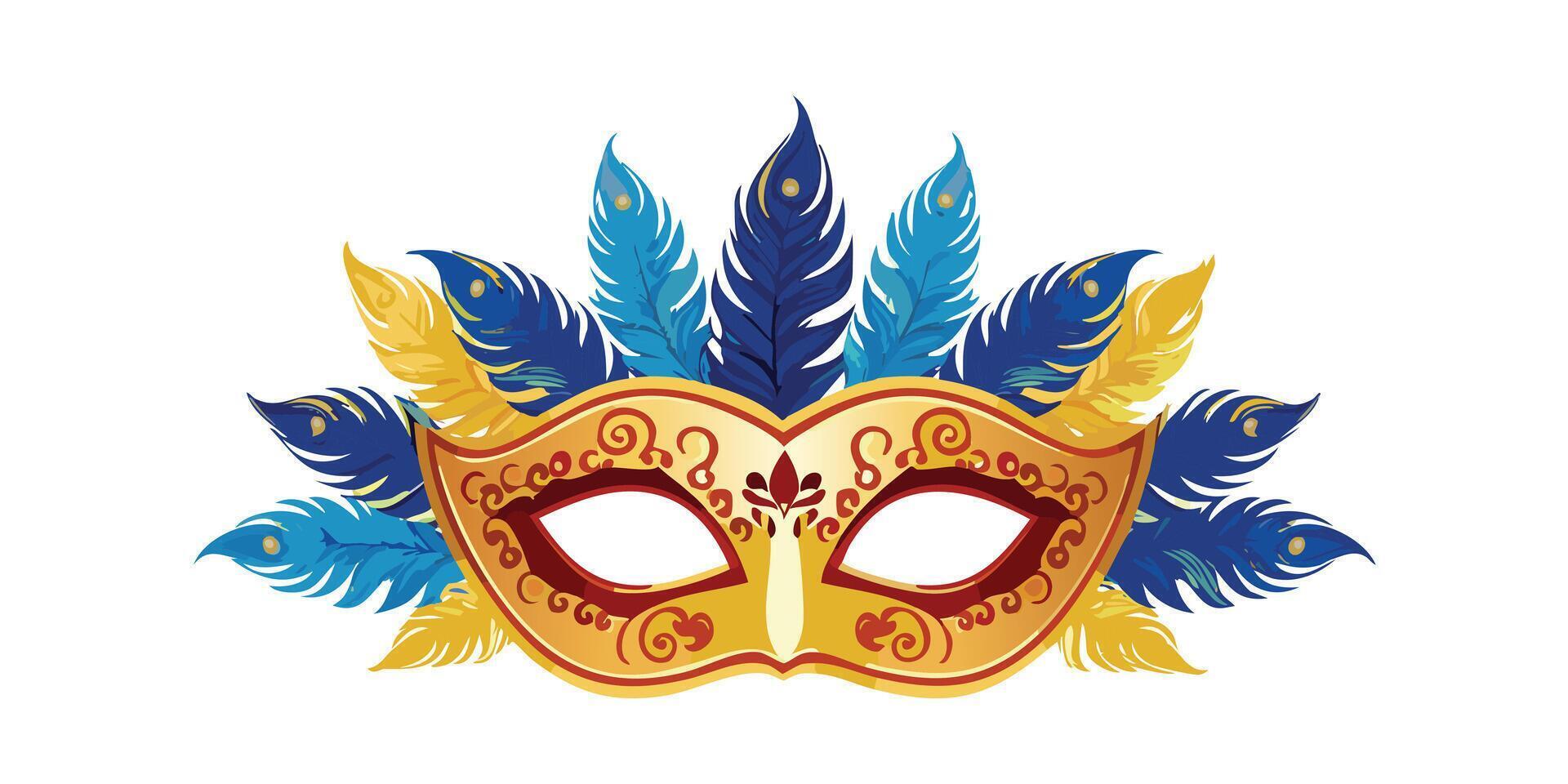 A carnival mask with blue feathers and gold trim vector