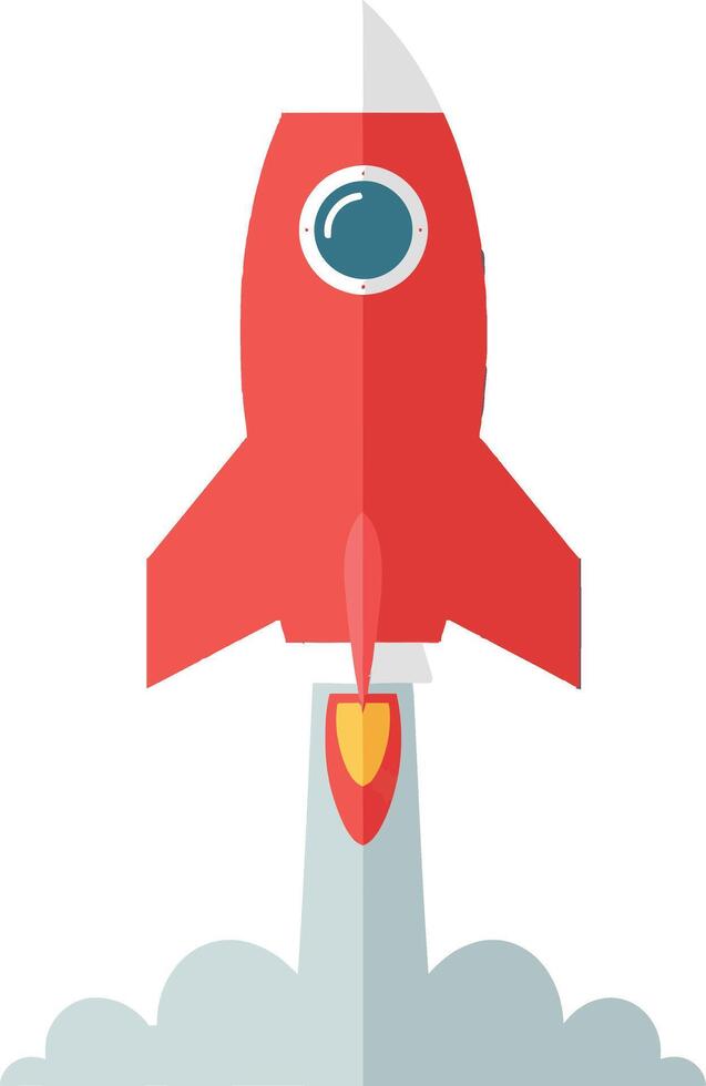 Red rocket launch with smoke and fire illustration in flat style vector