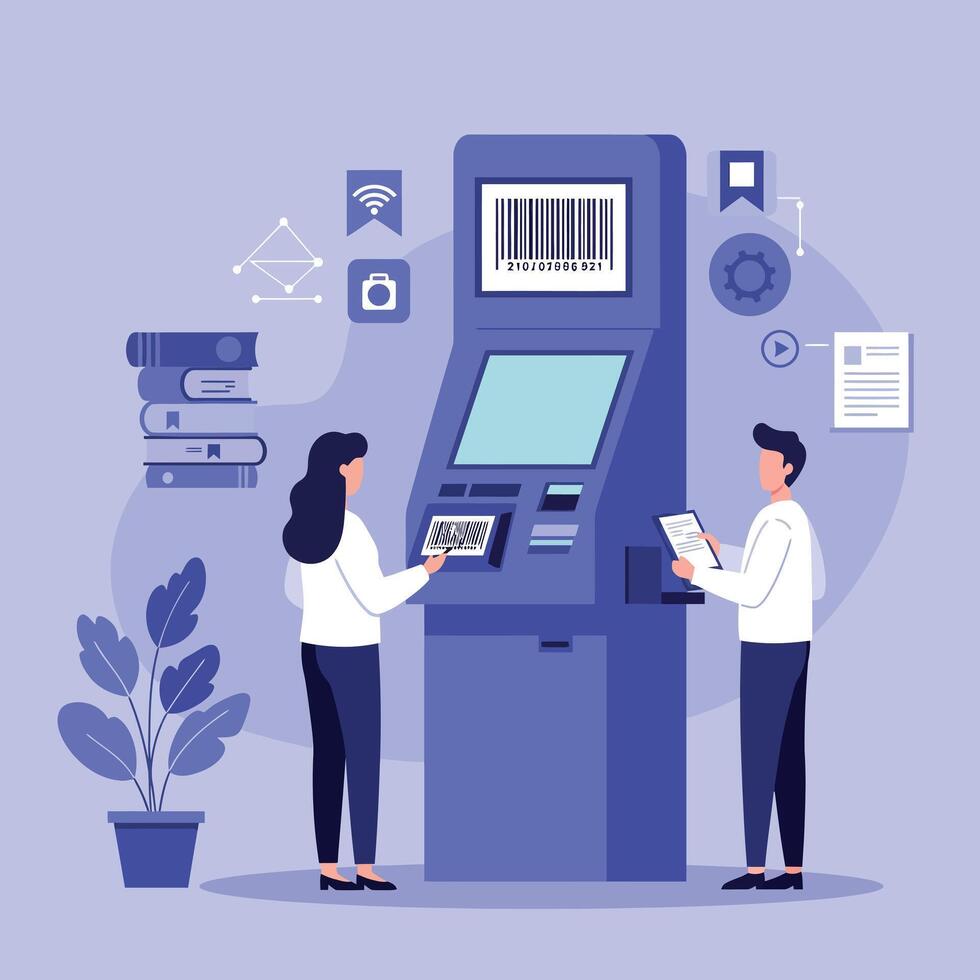 Self Service Kiosk Technology with People Scanning QR Code and Digital Interaction vector