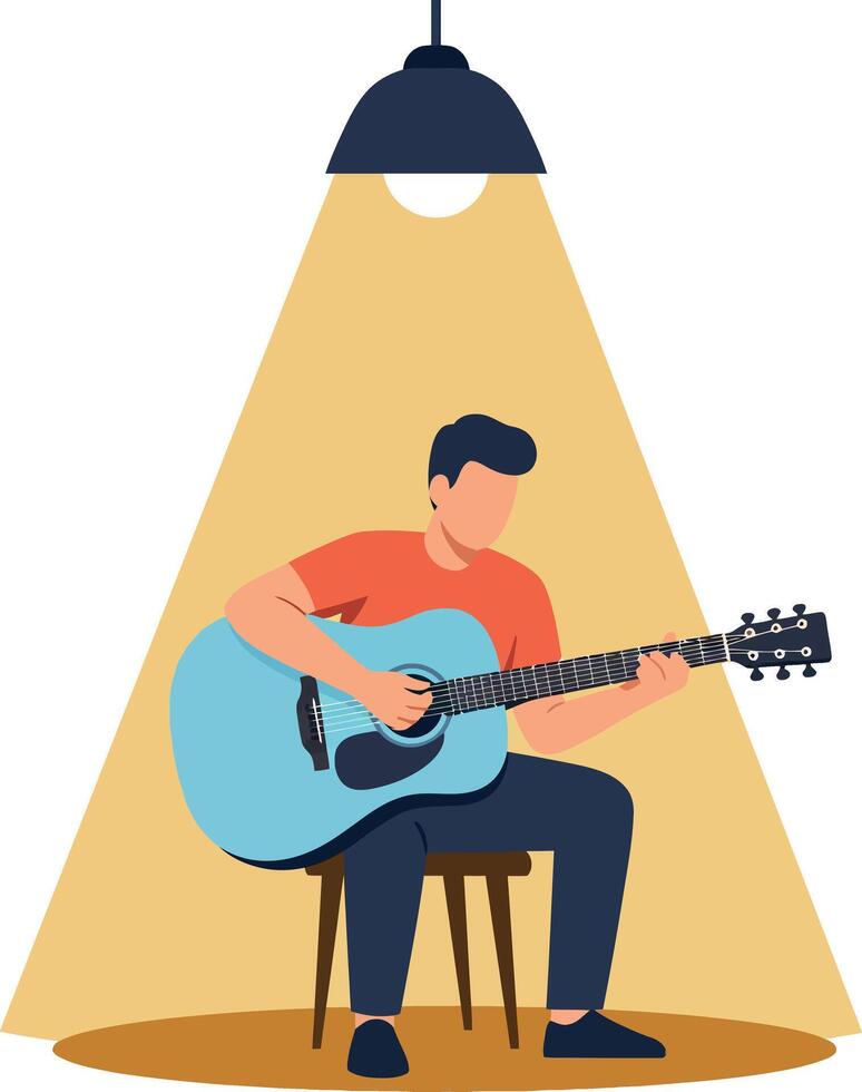 Man playing acoustic guitar under spotlight in orange and blue illustration vector