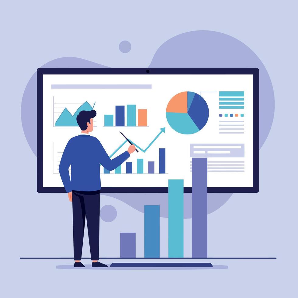 Businessman Analyzing Financial Charts and Graphs on Digital Screen Illustration vector