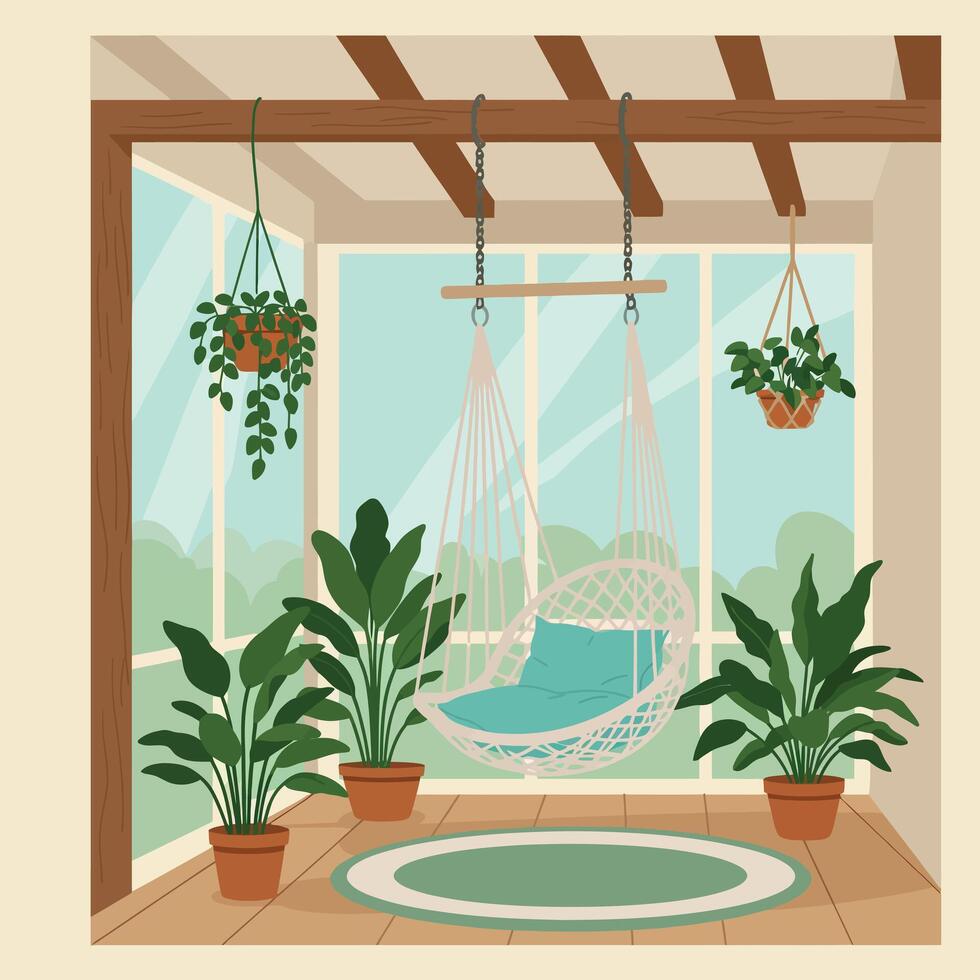 Indoor hanging chair with green plants and wooden ceiling beams modern home decor illustration vector