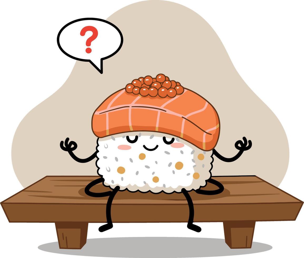 Sushi character meditating in zen pose with salmon and roe on wooden bench illustration vector
