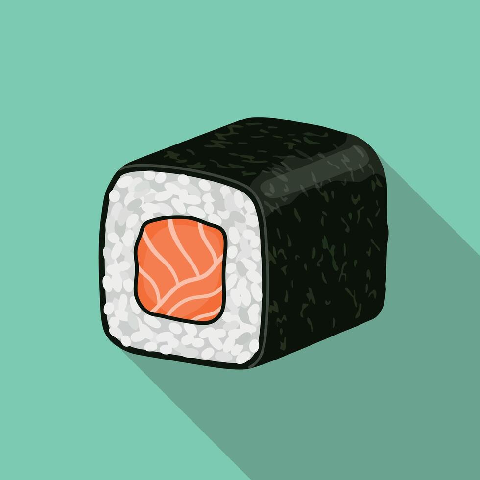 Sushi Roll with Salmon Illustration on Green Background with Long Shadow vector