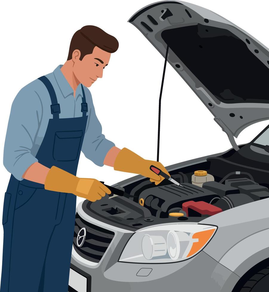 Mechanic inspecting car engine in blue overalls with yellow gloves illustration vector