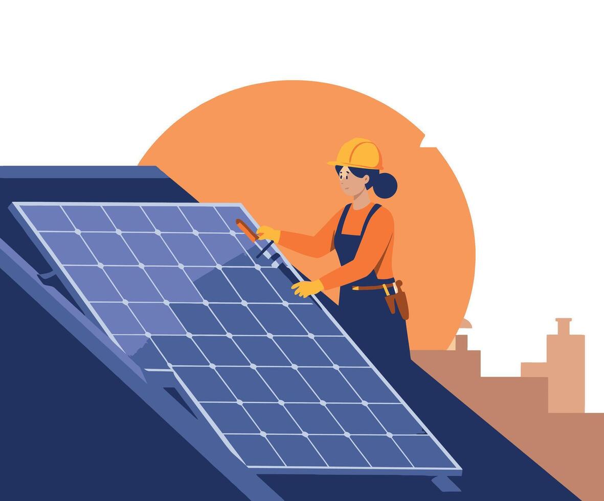 Female Solar Panel Technician Installing Renewable Energy System on Roof at Sunset Illustration vector