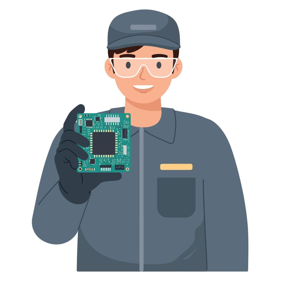 Technician holding electronic circuit board in uniform and gloves illustration vector