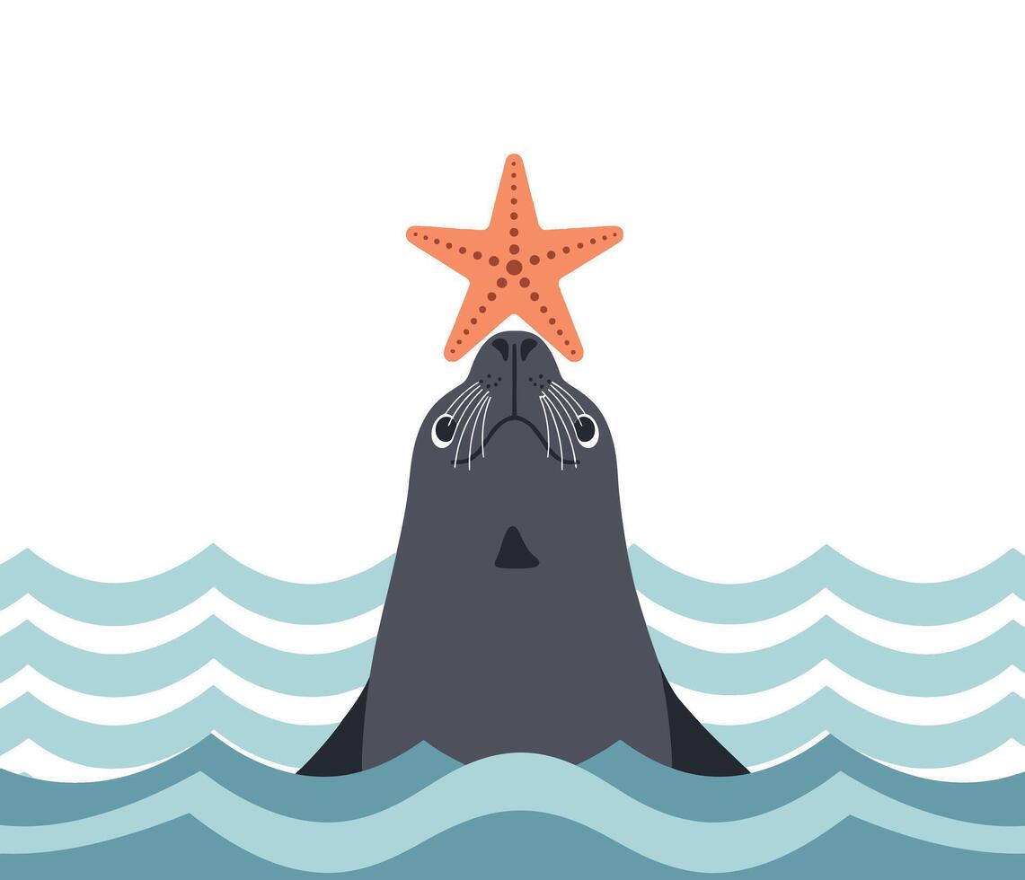Seal balancing orange starfish on nose in blue ocean waves illustration vector